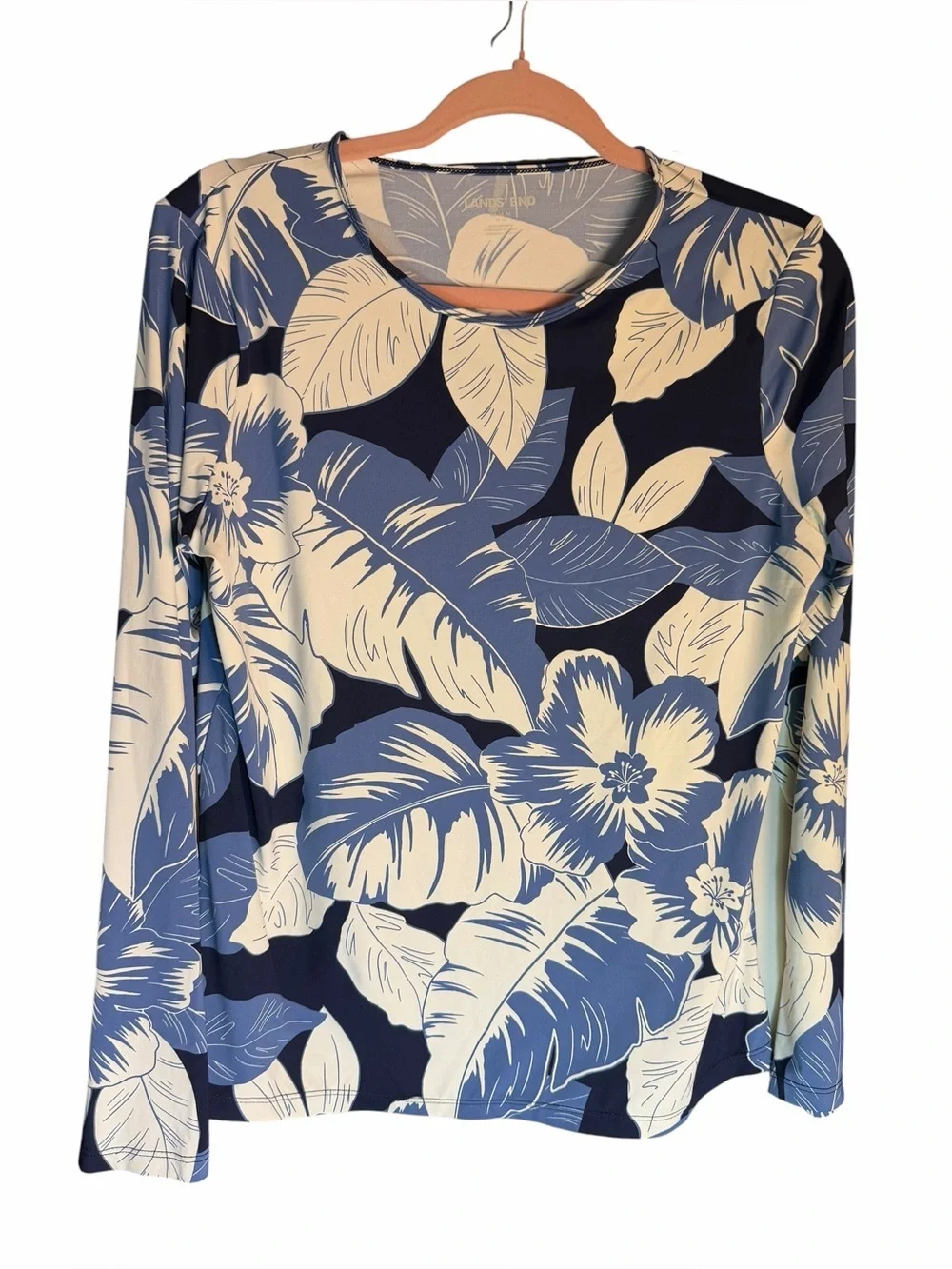 Lands' End White and Blue Floral Long Sleeve Swim Shirt